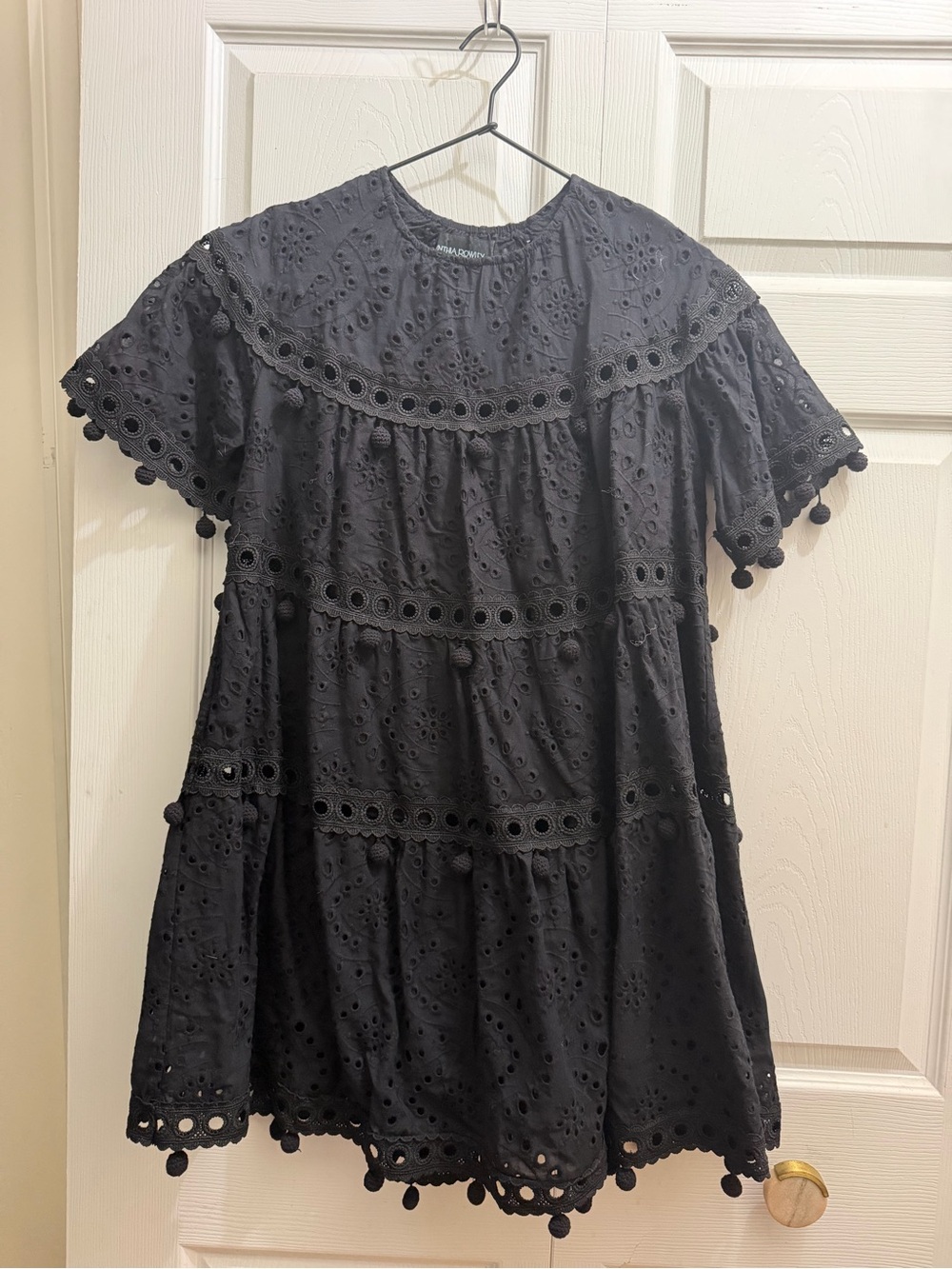 Cynthia Rowley Black Eyelet Pom-Pom Tiered Dress